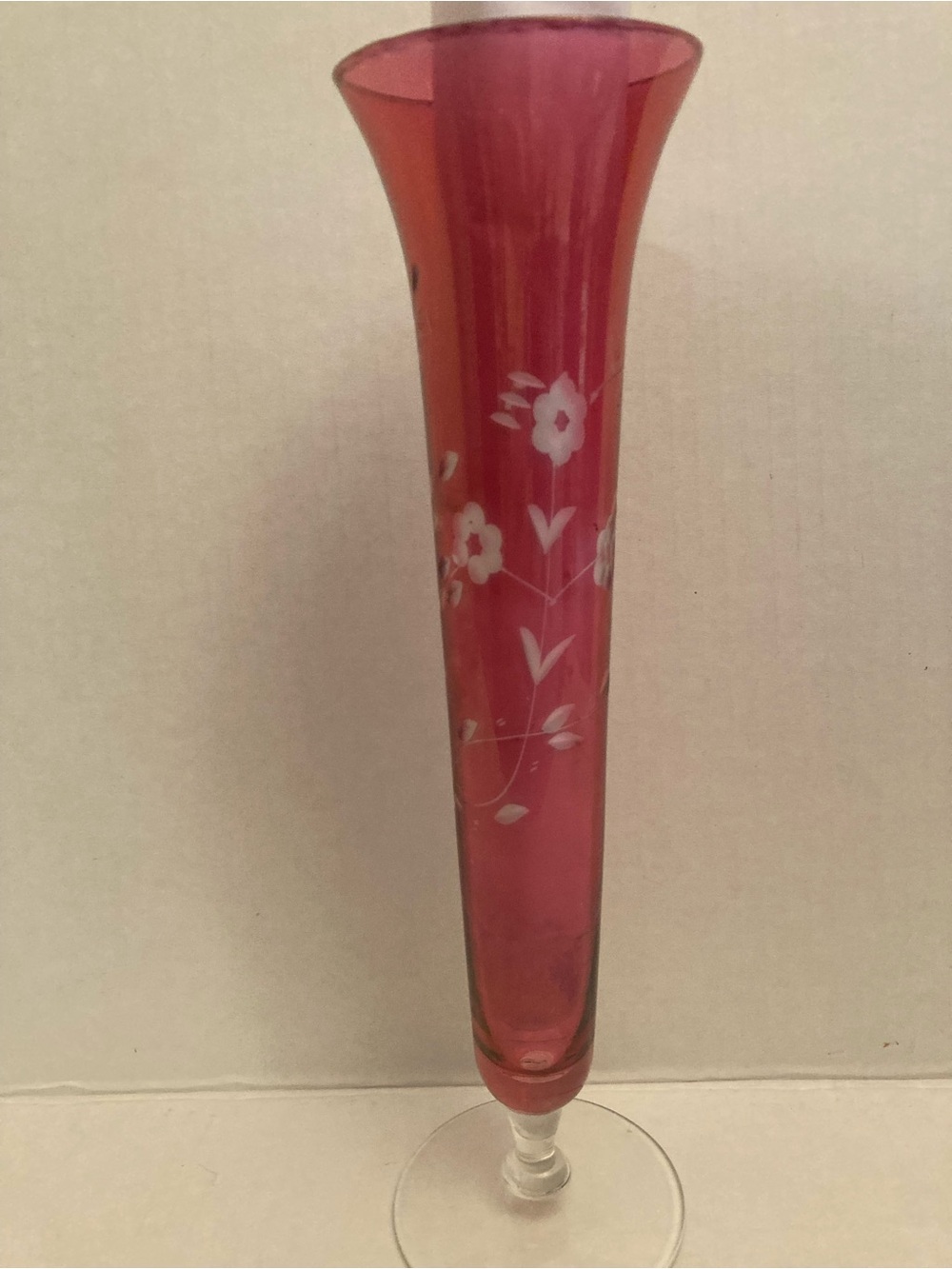 Cranberry Etched Glass Bud Vase - Elegant Floral Design
